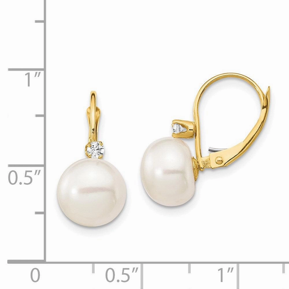 14K 10-11mm White Button FWC Pearl .10ct Diamond Leverback Earrings