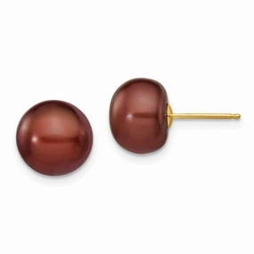 14k 9-10mm Coffee Button Freshwater Cultured Pearl Stud Post Earrings