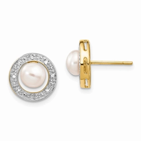 14k & Rhodium 5-6mm Button FW Cultured Pearl .05ct Diamond Post Earrings