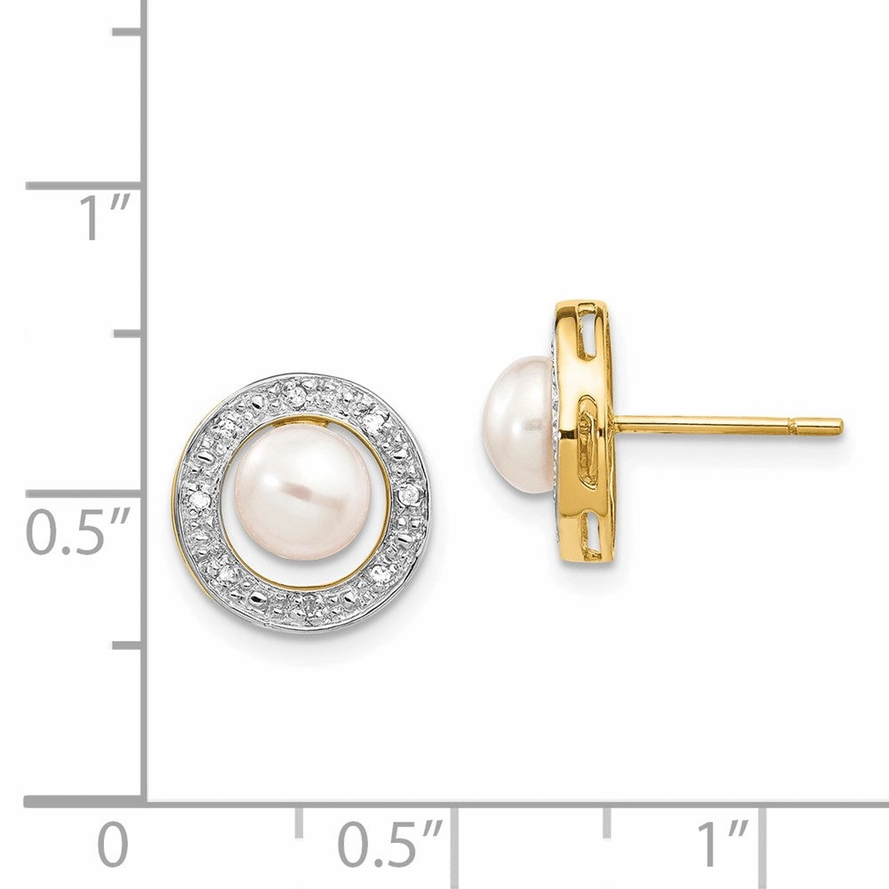 14k & Rhodium 5-6mm Button FW Cultured Pearl .05ct Diamond Post Earrings