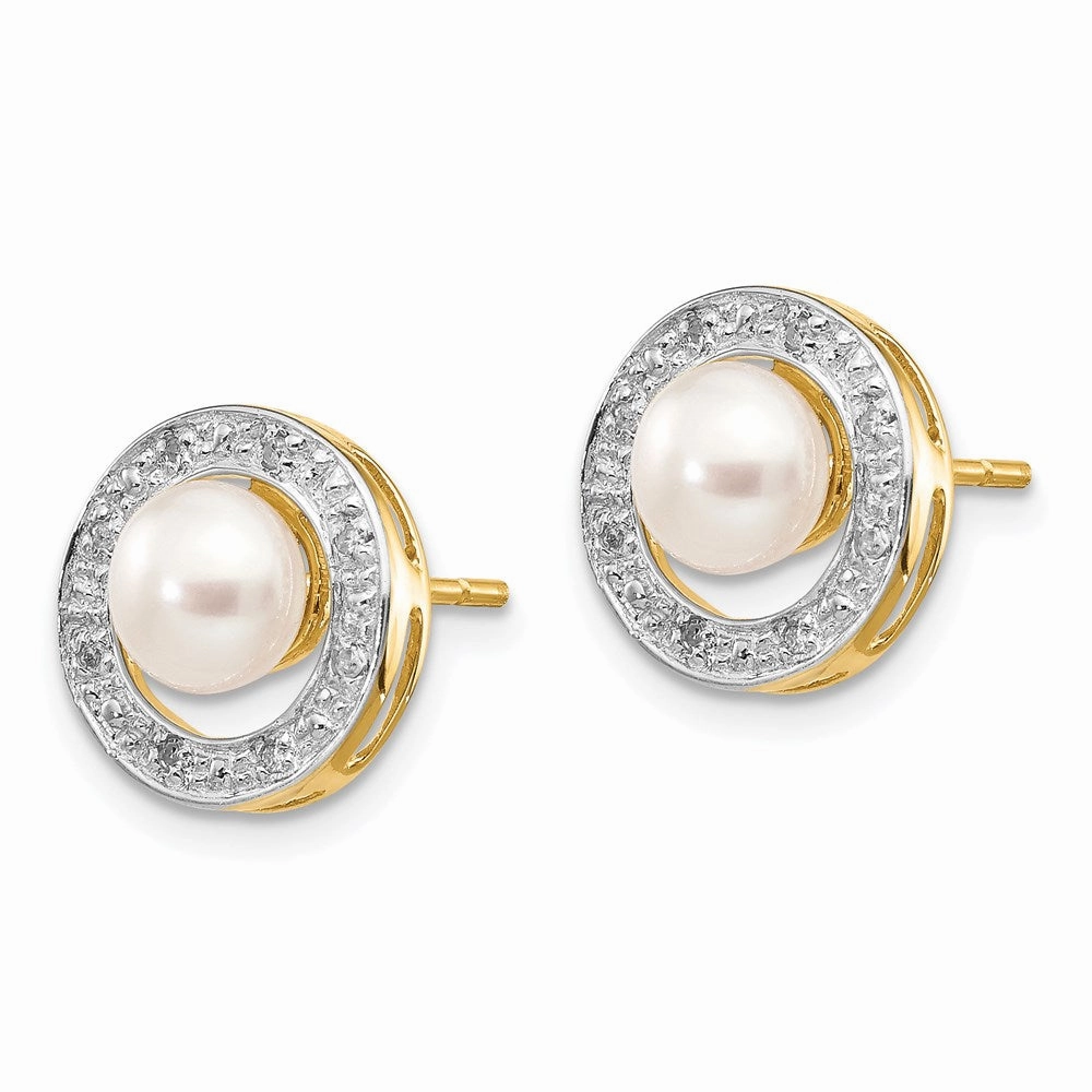 14k & Rhodium 5-6mm Button FW Cultured Pearl .05ct Diamond Post Earrings