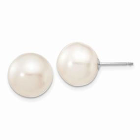 14k White Gold 11-12mm White Button FW Cultured Pearl Stud Post Earrings