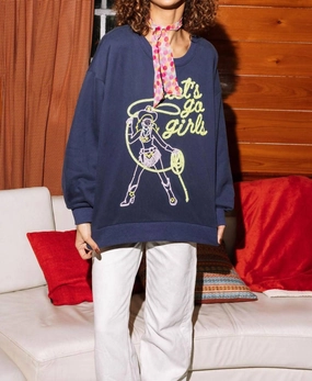 'lets Go Girls' Lasso Cowgirl Sweatshirt In Navy
