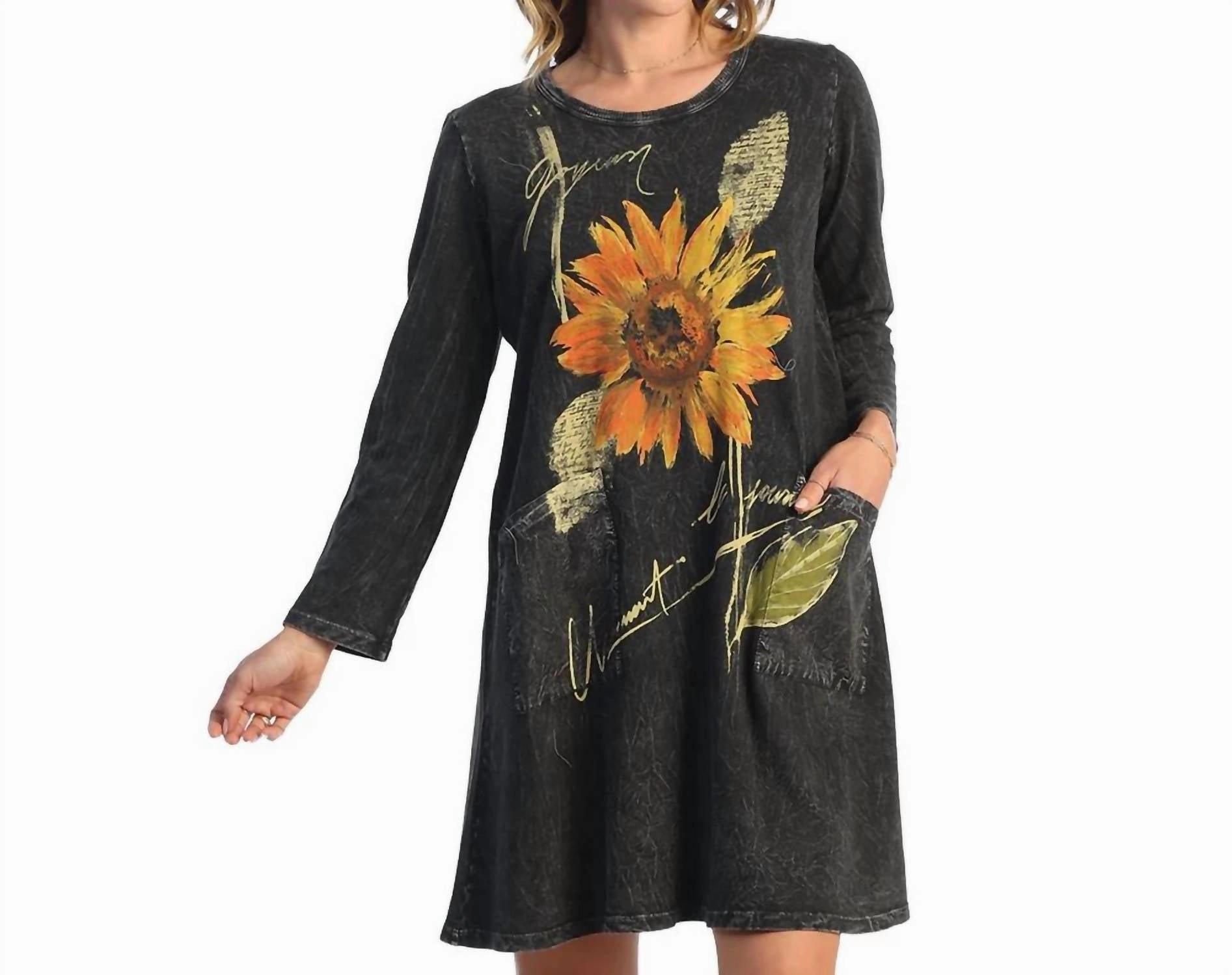 "sunflower" Mineral Washed Dress W/patch Pockets In Sunflower/grey