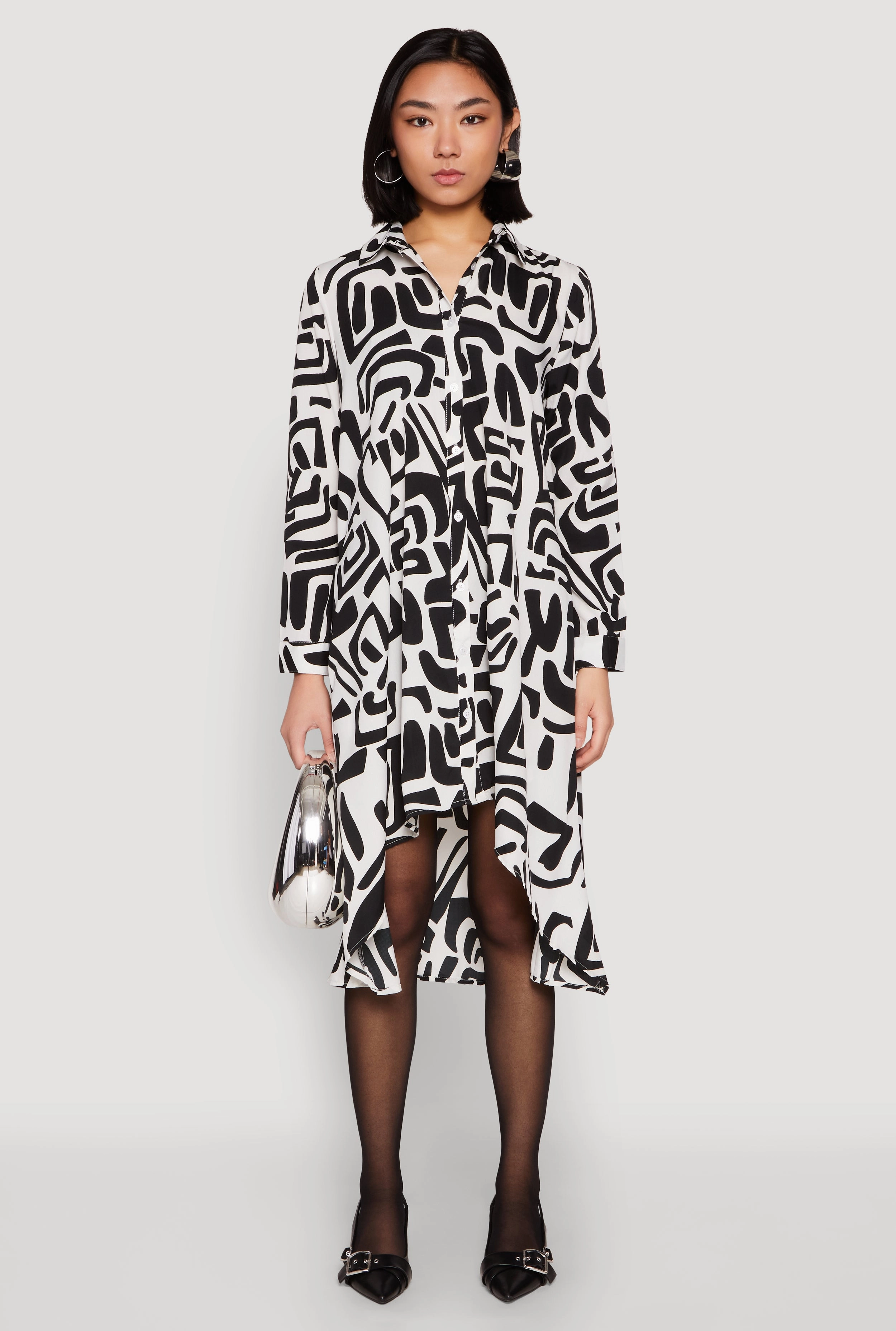 Abstract Patterned High Low Shirt Dress