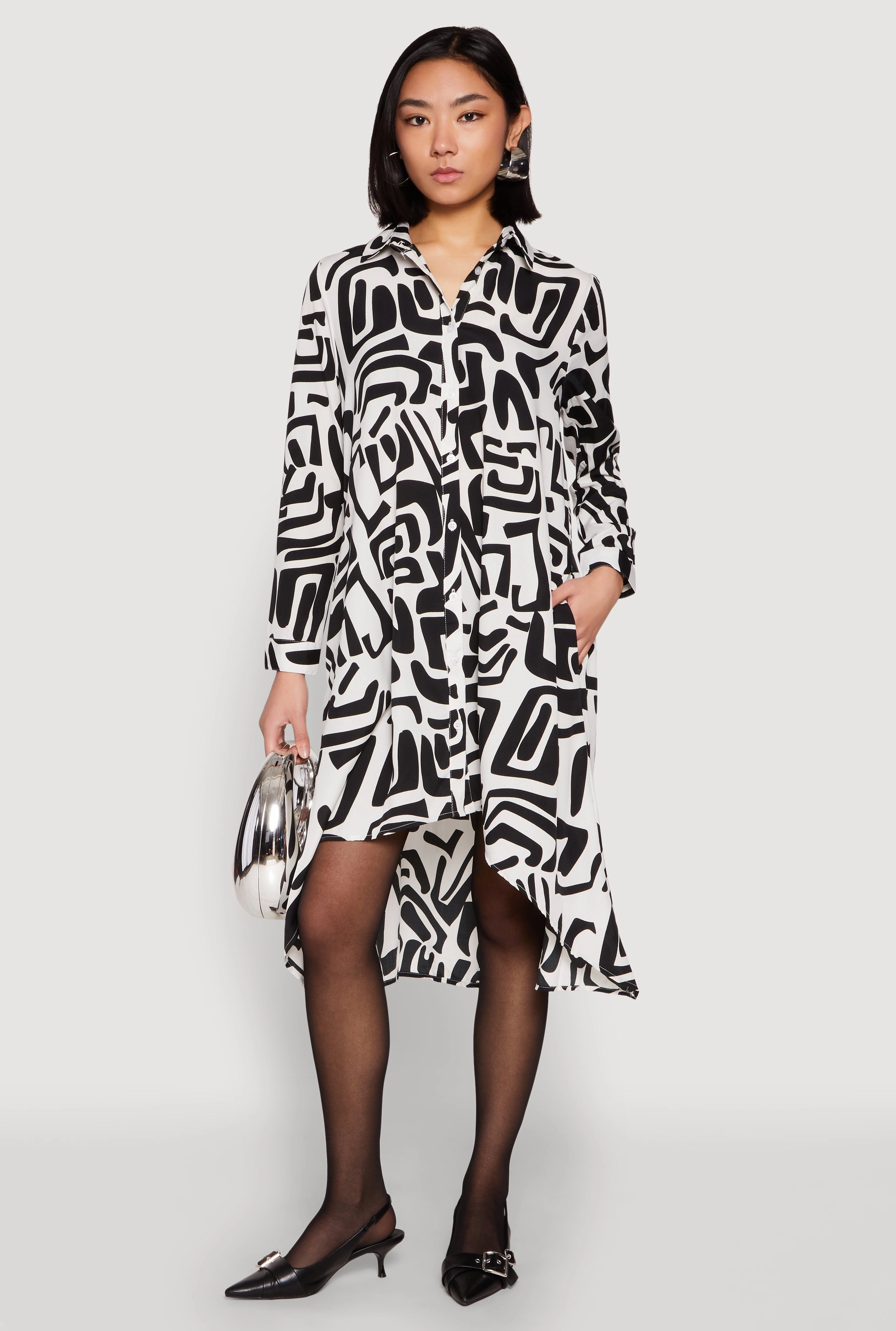 Abstract Patterned High Low Shirt Dress
