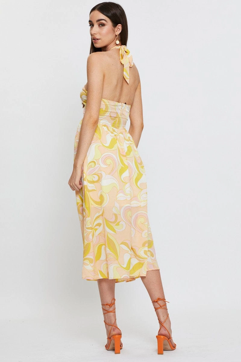 Abstract Print Maxi Dress Sleeveless Halter Neck