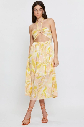 Abstract Print Maxi Dress Sleeveless Halter Neck