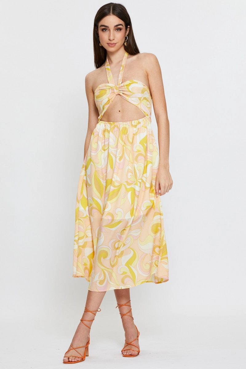 Abstract Print Maxi Dress Sleeveless Halter Neck