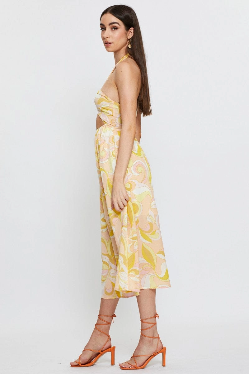 Abstract Print Maxi Dress Sleeveless Halter Neck