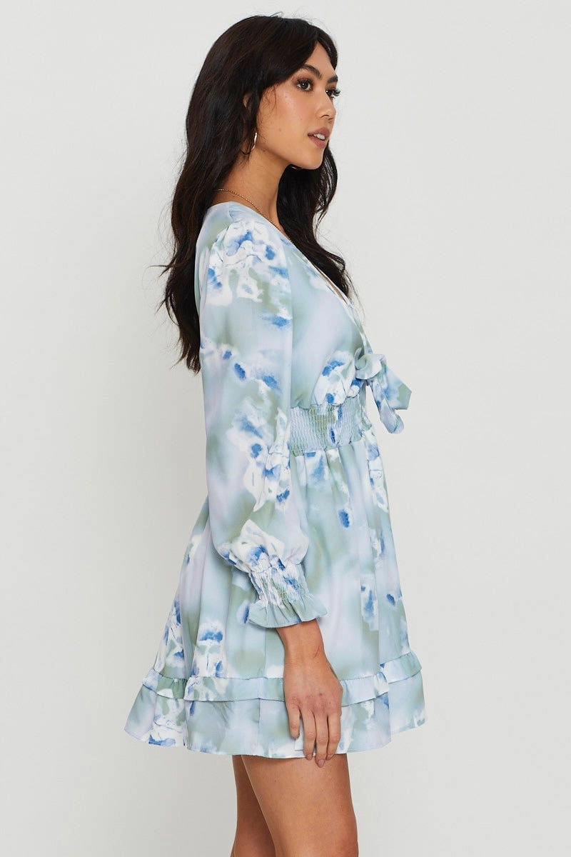 Abstract Print Mini Dress Long Sleeve