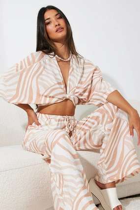 Beige Abstract Tie Up Bolero Short Sleeve