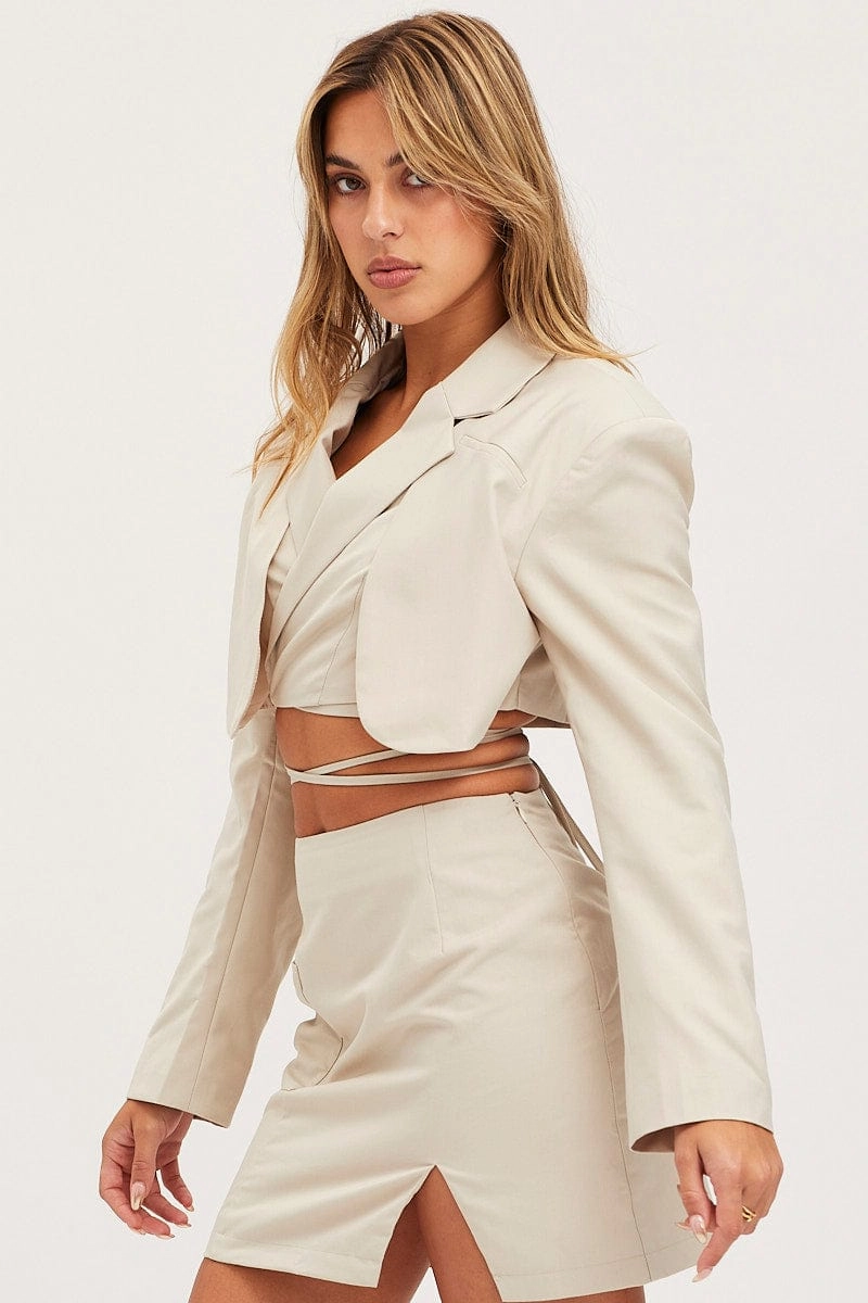 Beige Crop Jacket Long Sleeve