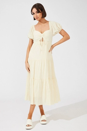 Beige Midi Dress Puff Sleeve Ruch Front