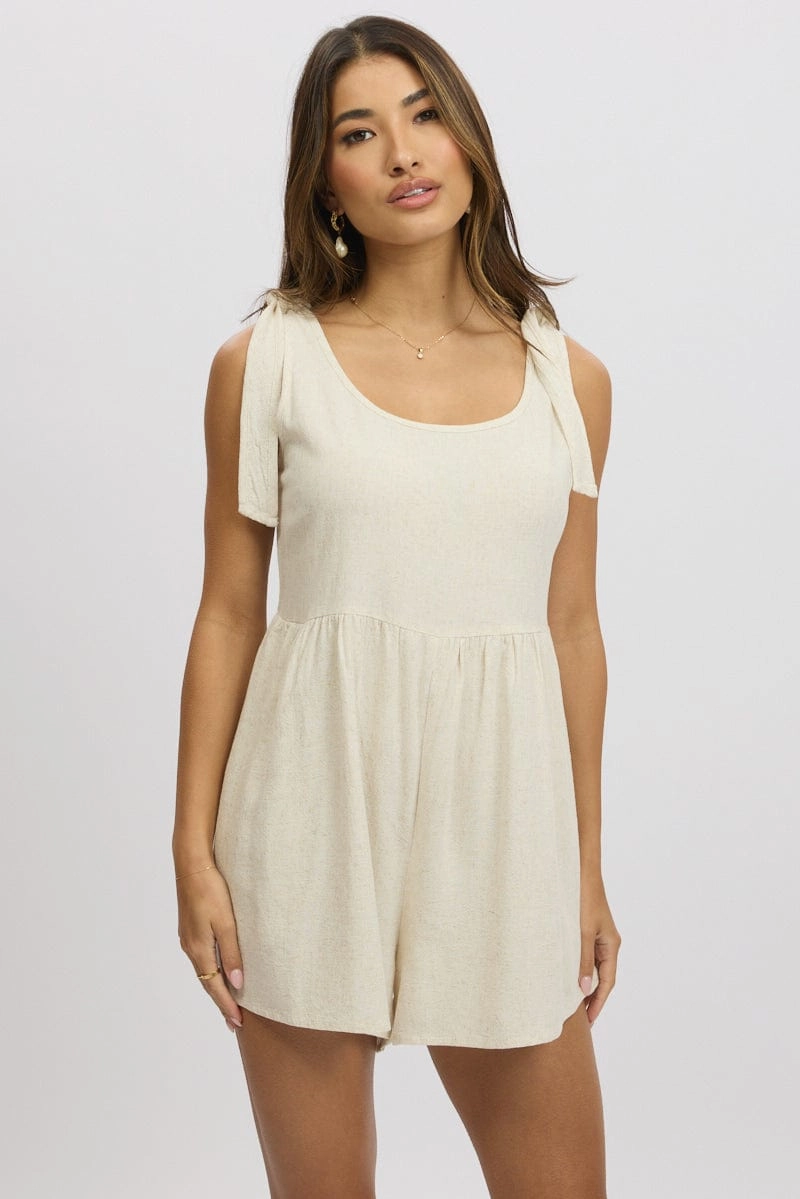 Beige Playsuit Sleeveless Tie Shoulder Linen Blend