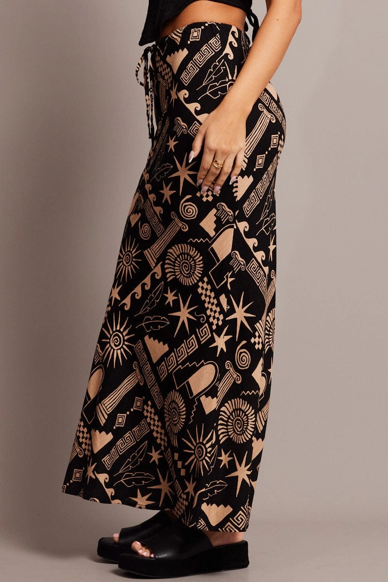 Black Abstract Slip Skirt Midi Linen Blend