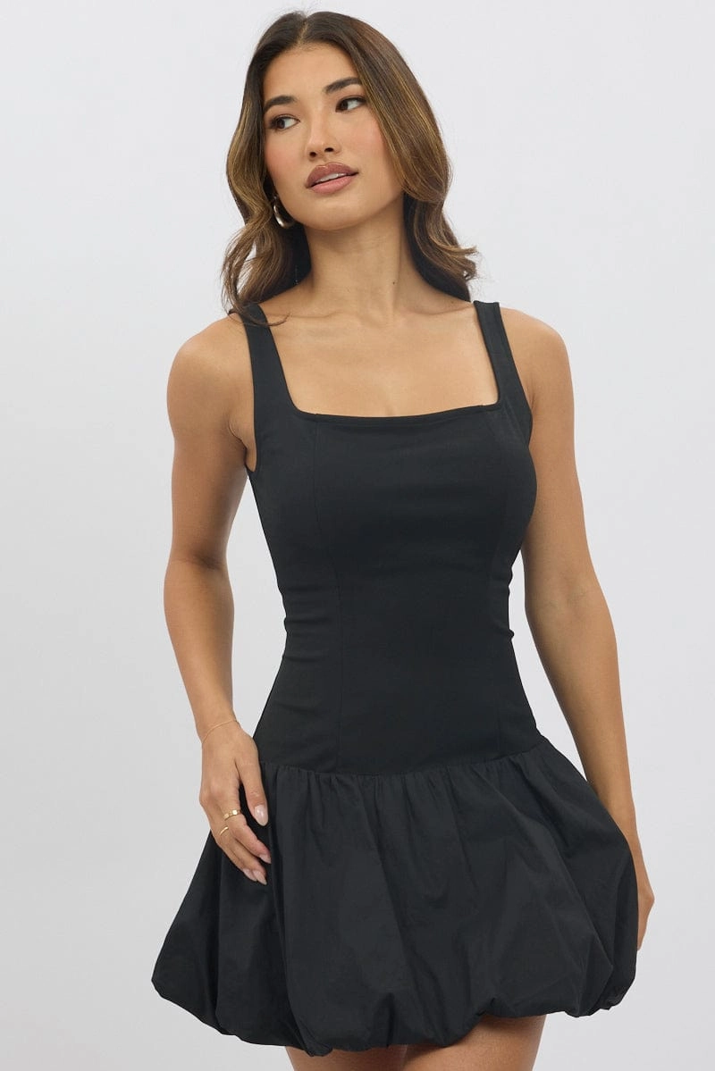 Black Bubble Dress Square Neck