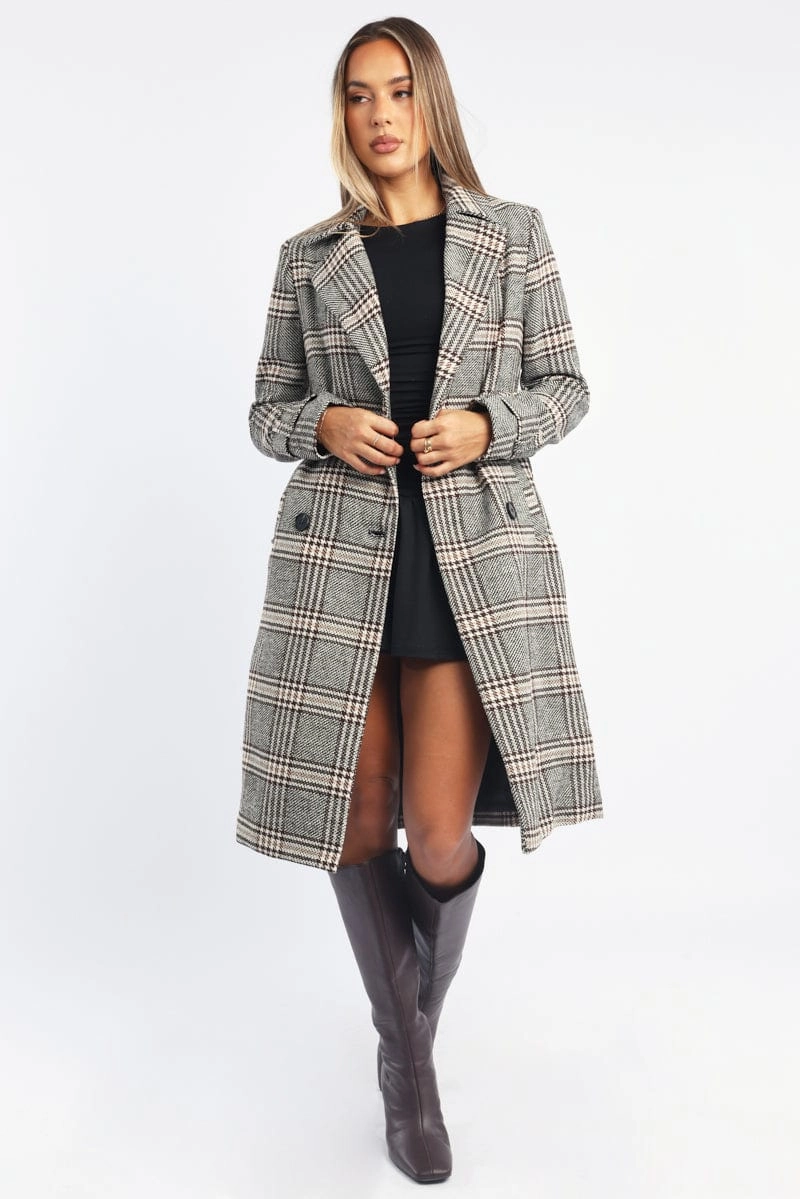 Black Check Belted Coat Knee Length Long Sleeve
