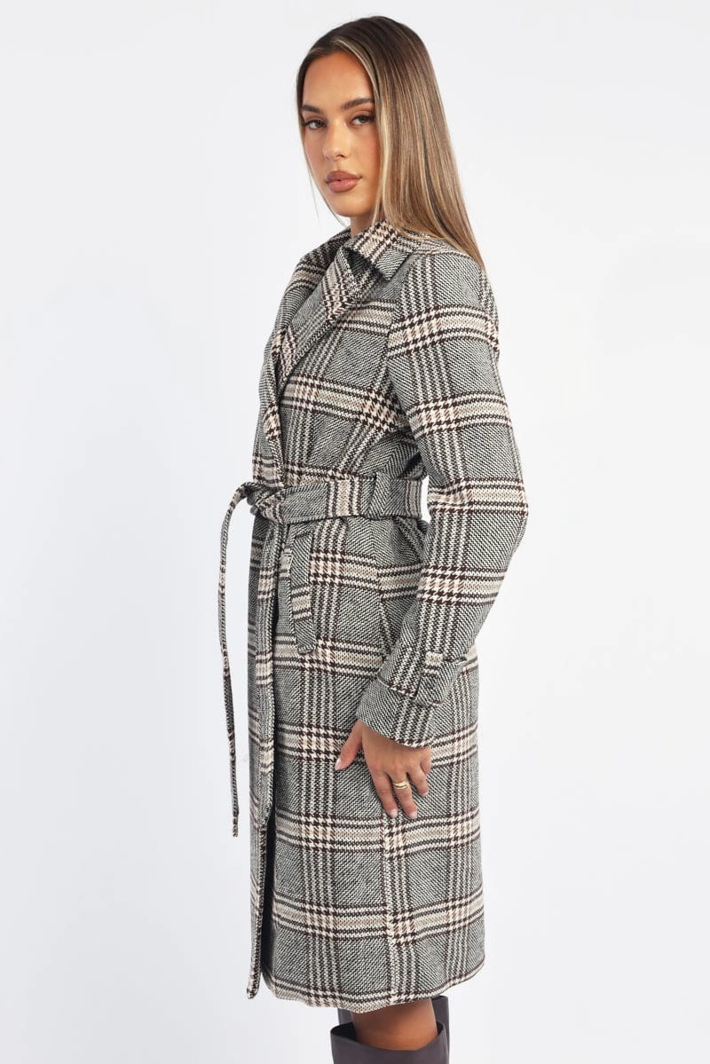 Black Check Belted Coat Knee Length Long Sleeve