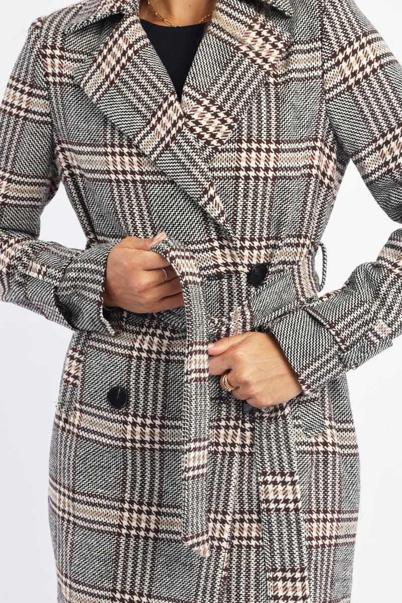 Black Check Belted Coat Knee Length Long Sleeve