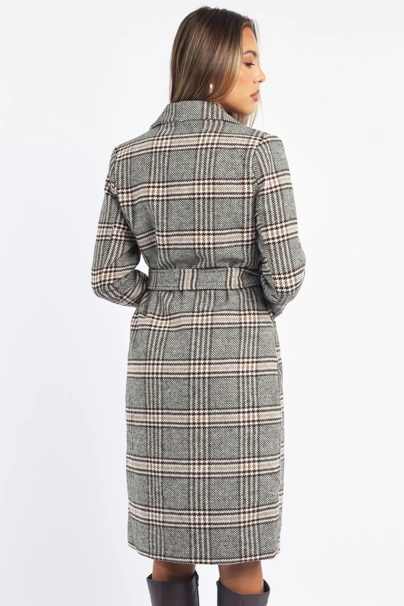 Black Check Belted Coat Knee Length Long Sleeve