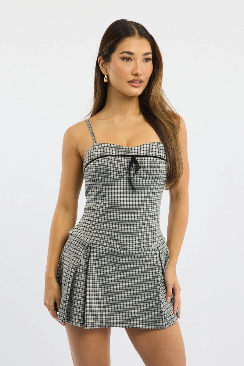 Black Check Mini Dress Pleated