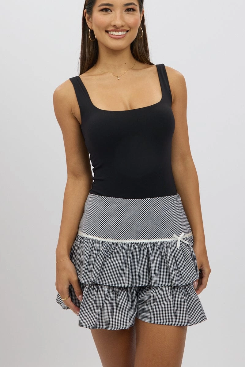 Black Check Skort Skirt Frilled Hem