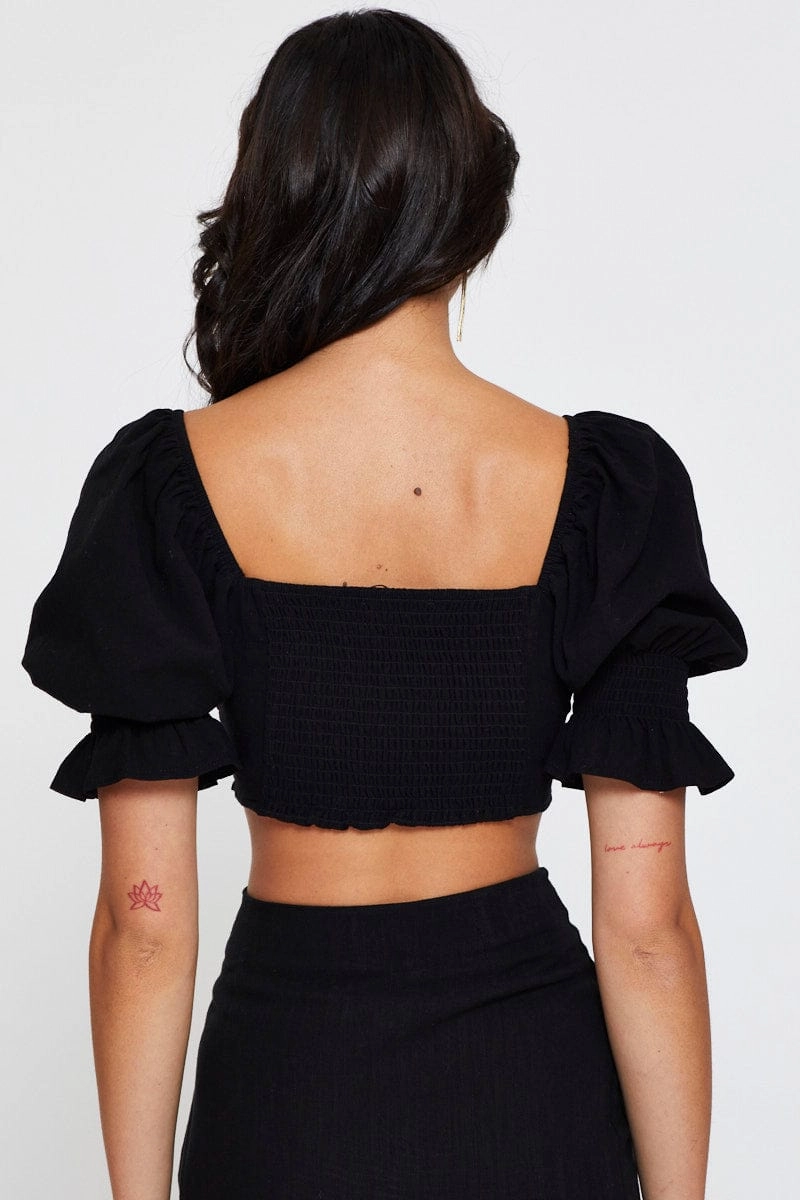 Black Crop Top Short Sleeve Round Neck