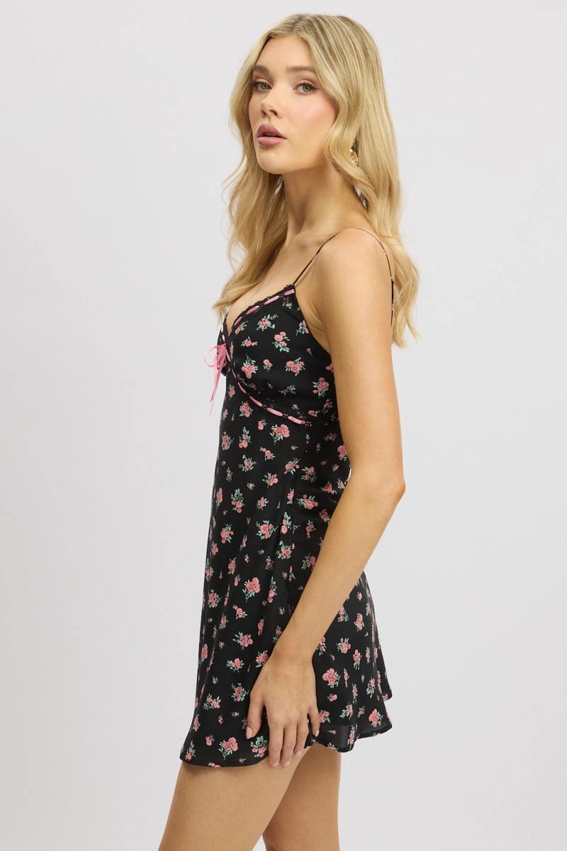 Black Ditsy Mini Dress V-Neck Strappy