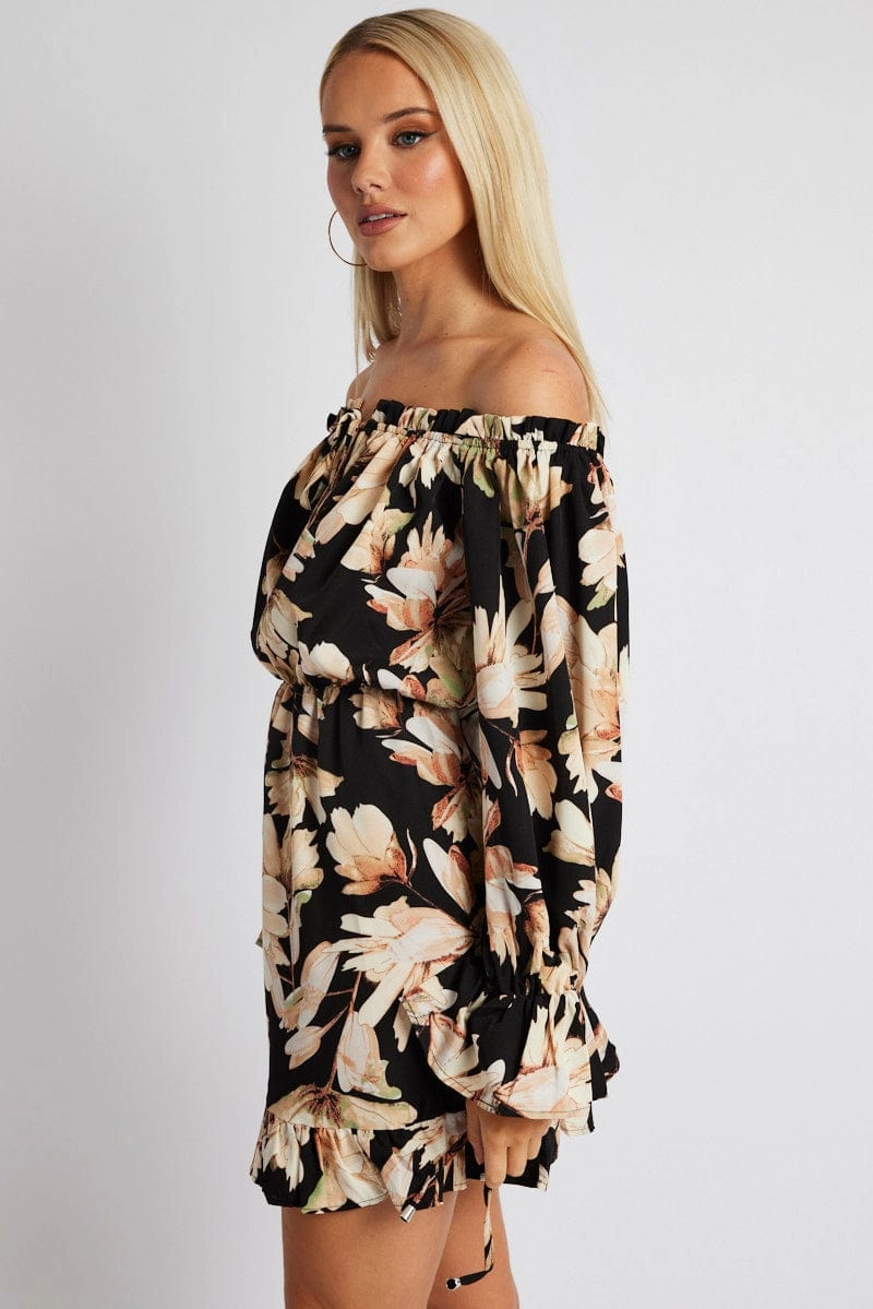Black Floral Off Shoulder Dress Balloon Sleeve Skater Dress