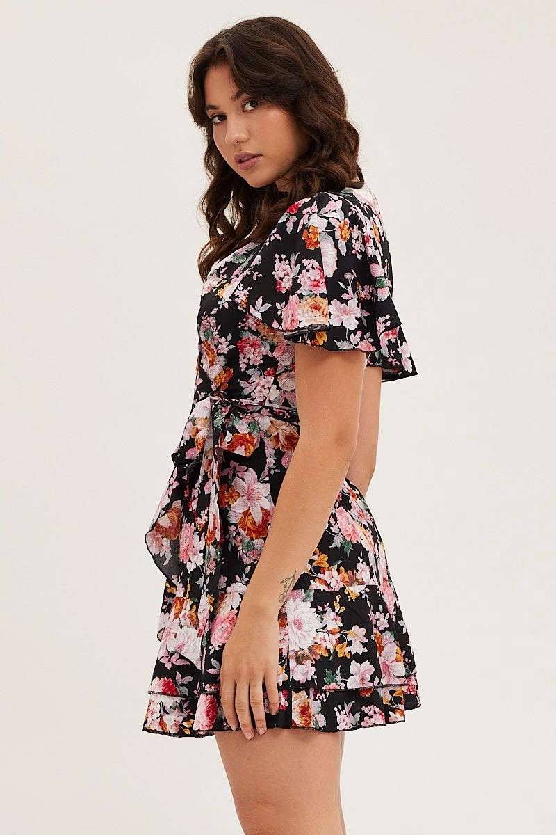Black Floral Wrap Mini Dress
