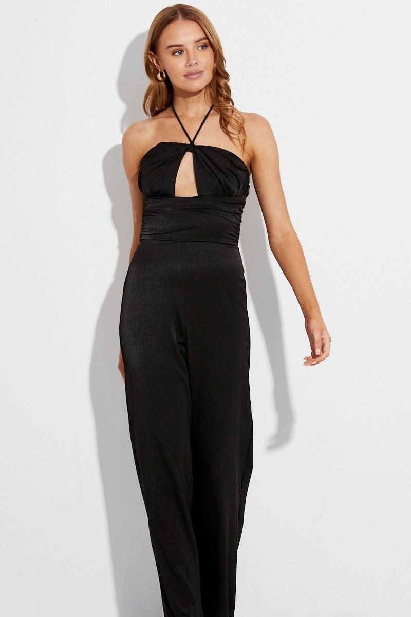 Black Halter Neck Keyhole Slinky Jumpsuit