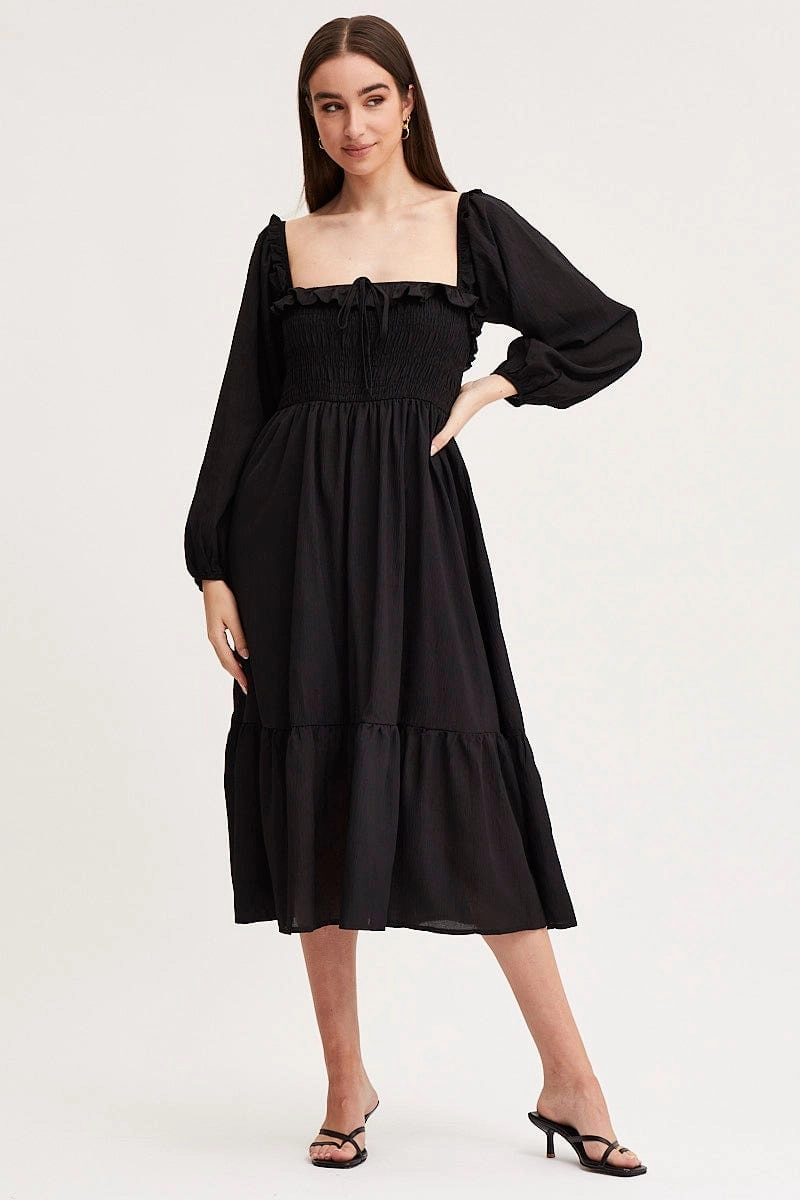 Black Maxi Dress Long Sleeve Square Neck