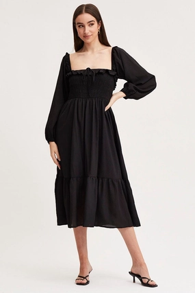 Black Maxi Dress Long Sleeve Square Neck