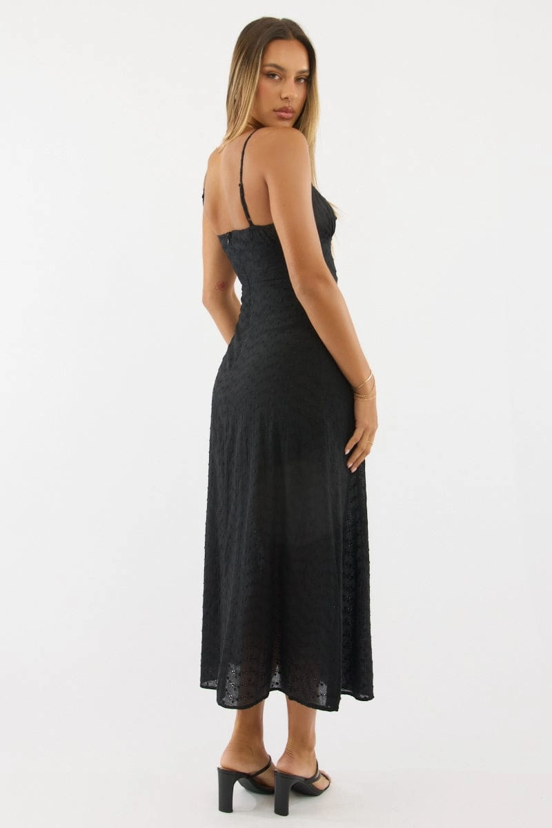 Black Midi Dress Gathered Bust Eyelet Fabric