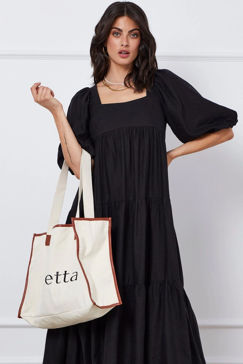 Black Midi Dress Short Sleeve Square Neck