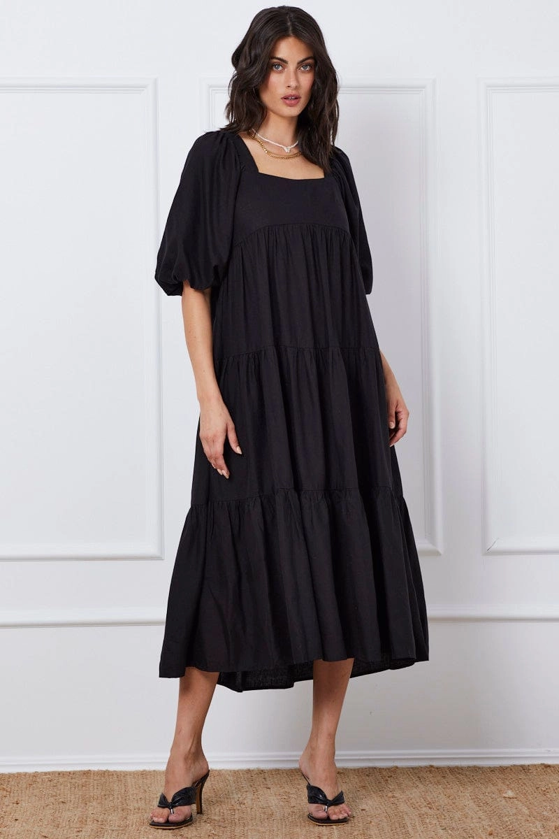 Black Midi Dress Short Sleeve Square Neck