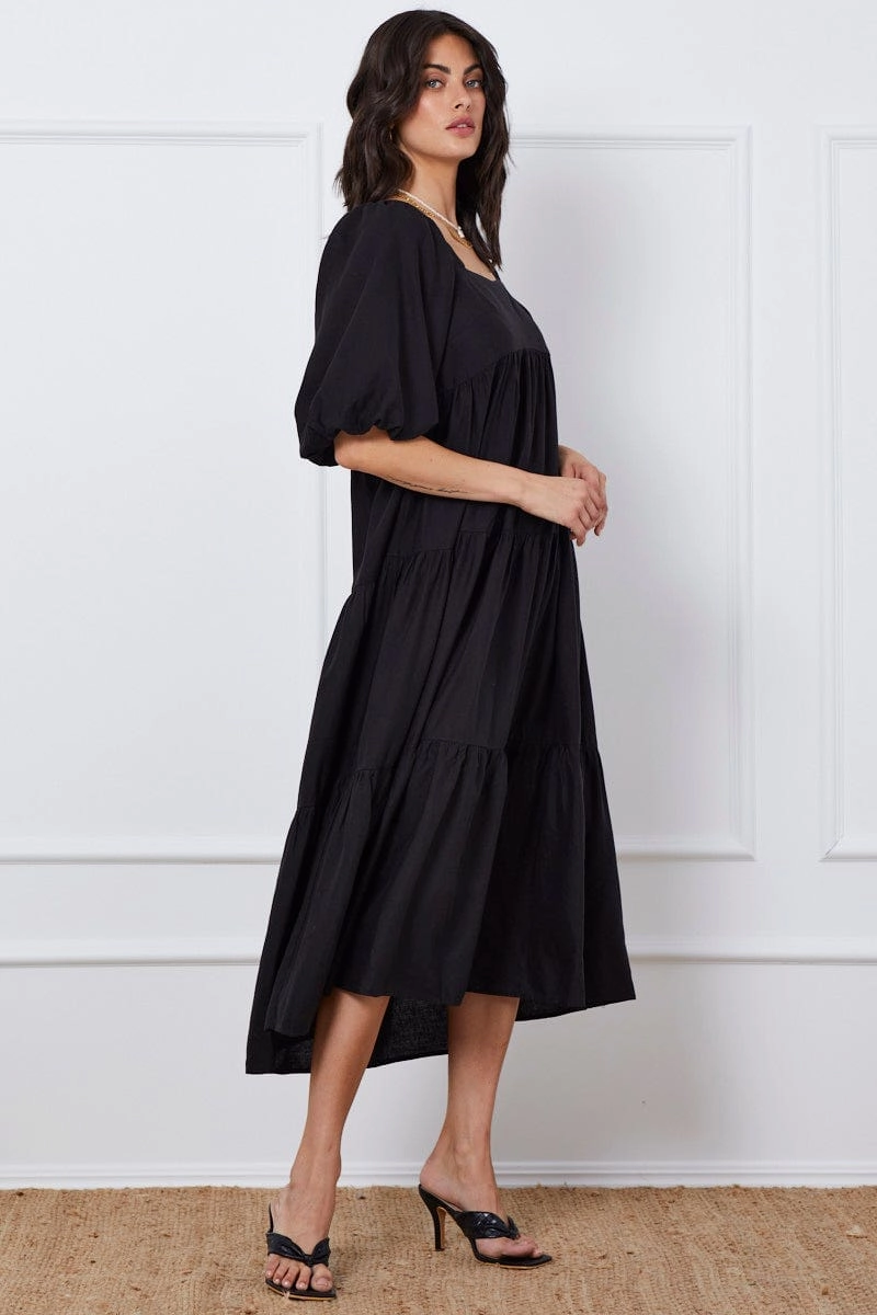 Black Midi Dress Short Sleeve Square Neck