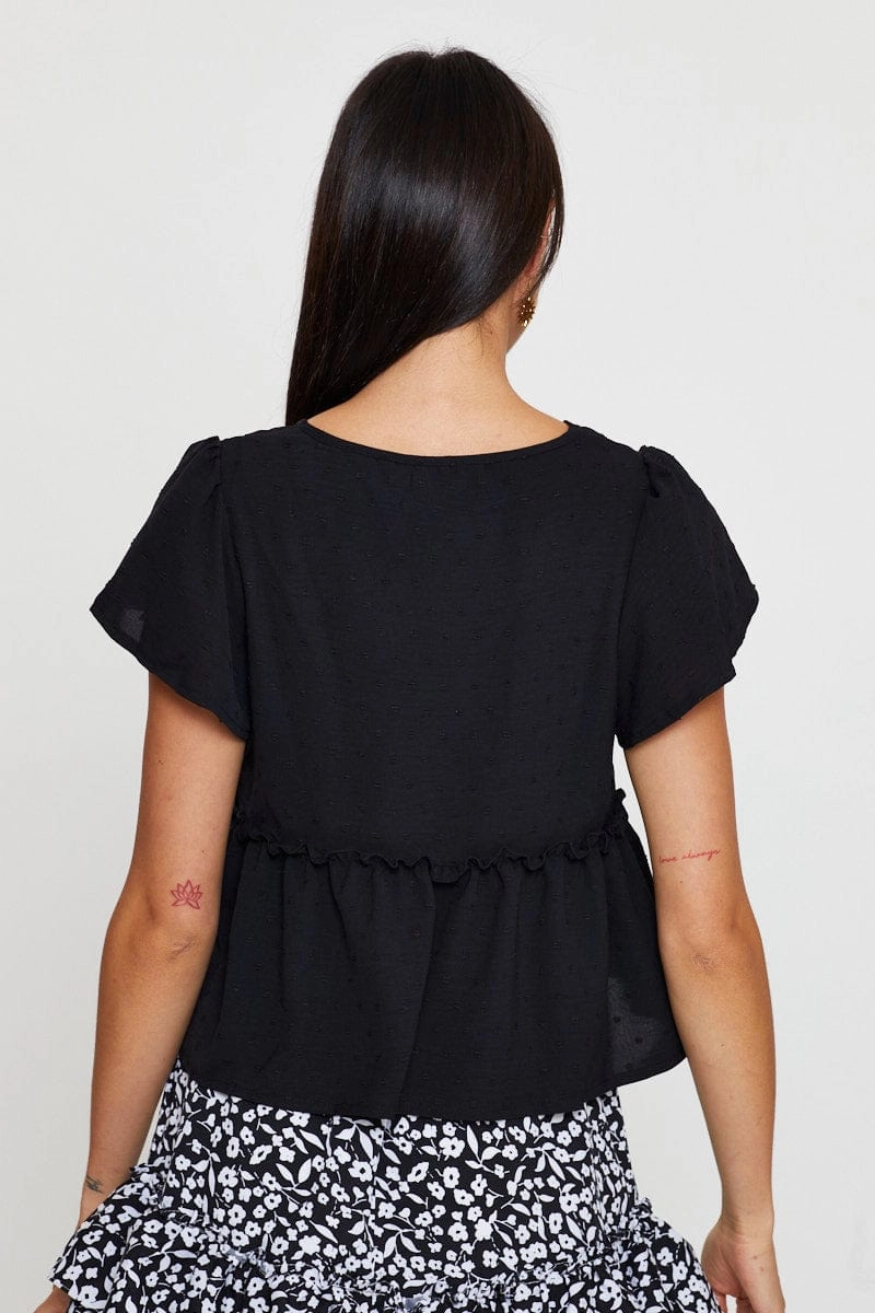 Black Peplum Top Short Sleeve Button Front