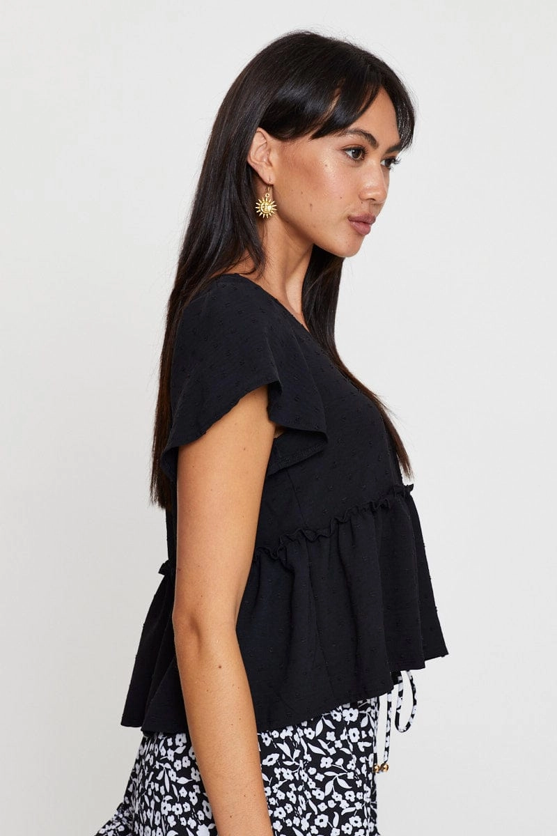 Black Peplum Top Short Sleeve Button Front