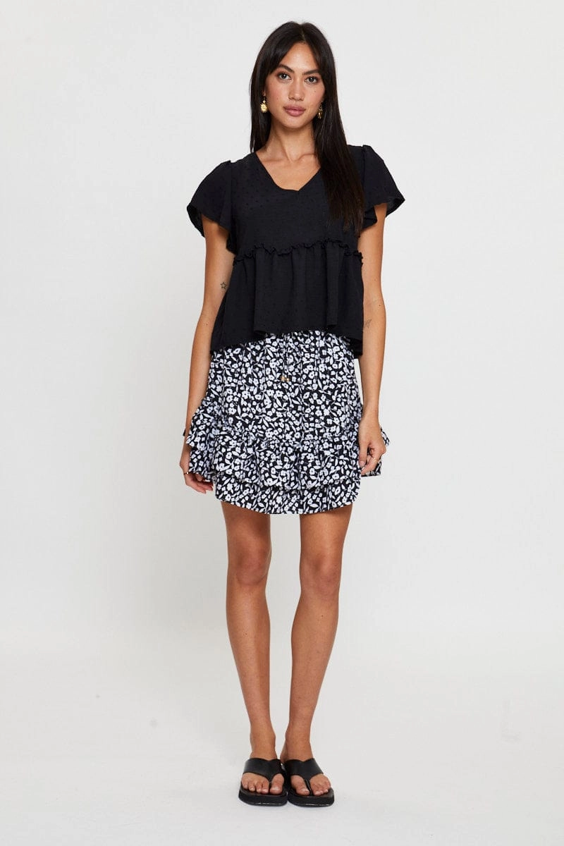 Black Peplum Top Short Sleeve Button Front