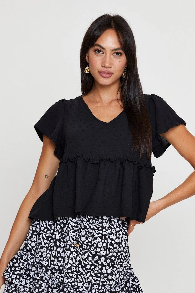 Black Peplum Top Short Sleeve Button Front