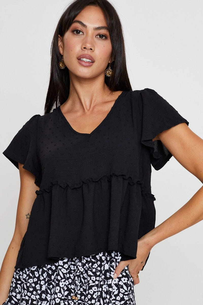Black Peplum Top Short Sleeve Button Front