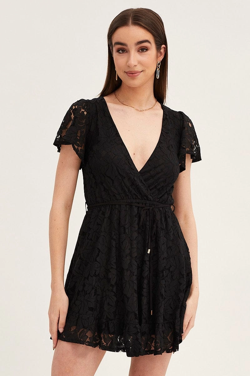 Black Short Sleeve Lace Wrap Front Skater Dress