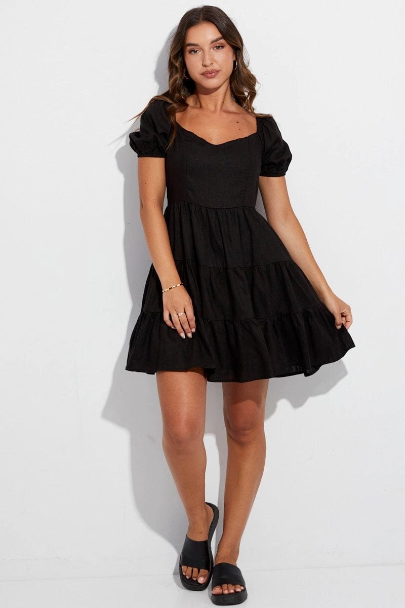 Black Skater Dress Short Sleeve Tiered