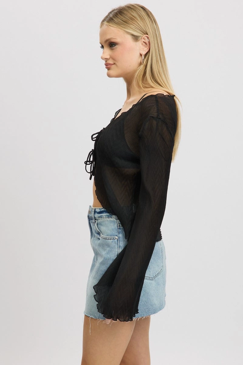 Black Tie Up Front Top Long Sleeve Textured