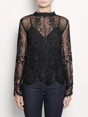 Blouse with Crew Neck in Black Lace