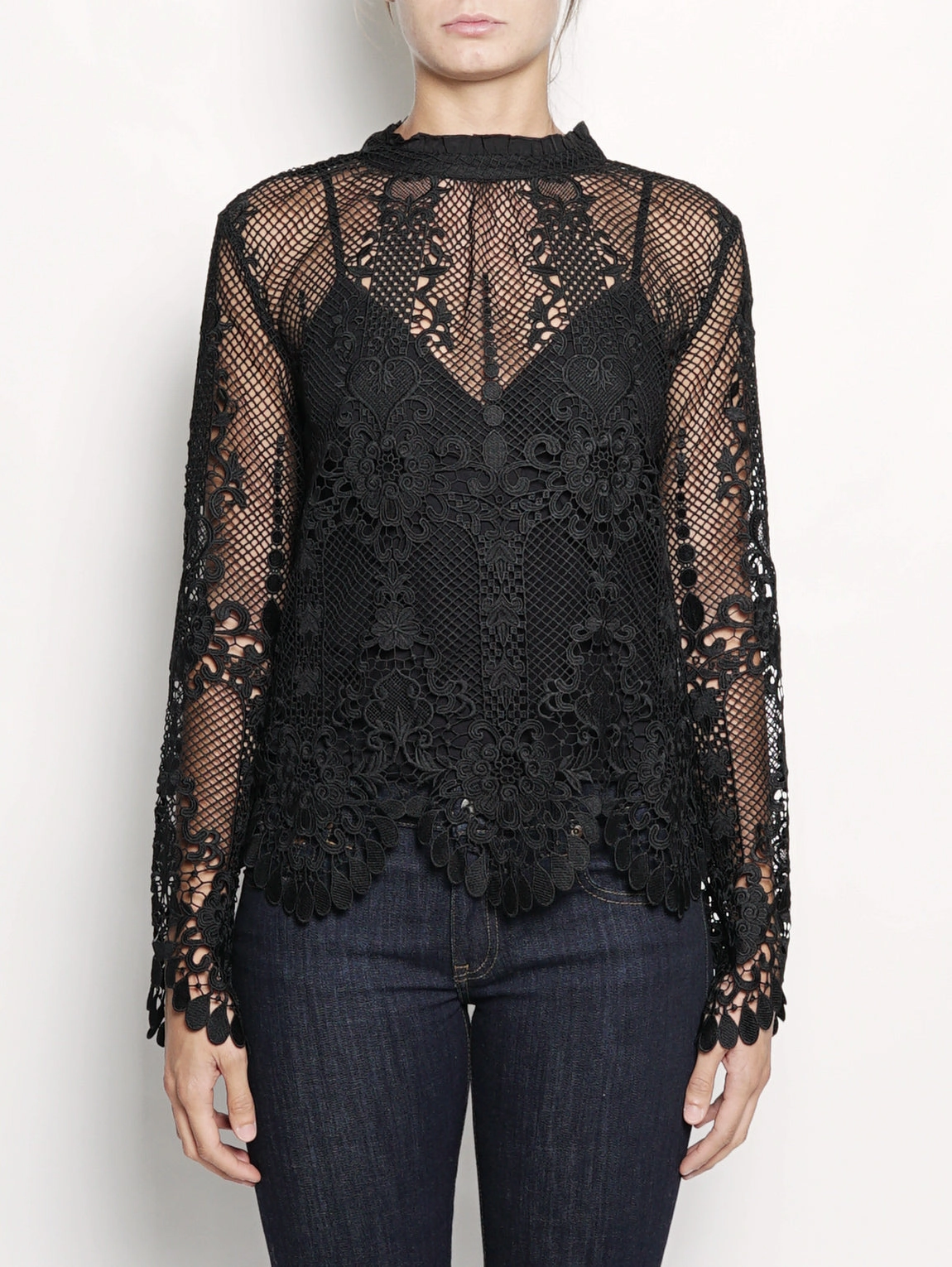 Blouse with Crew Neck in Black Lace