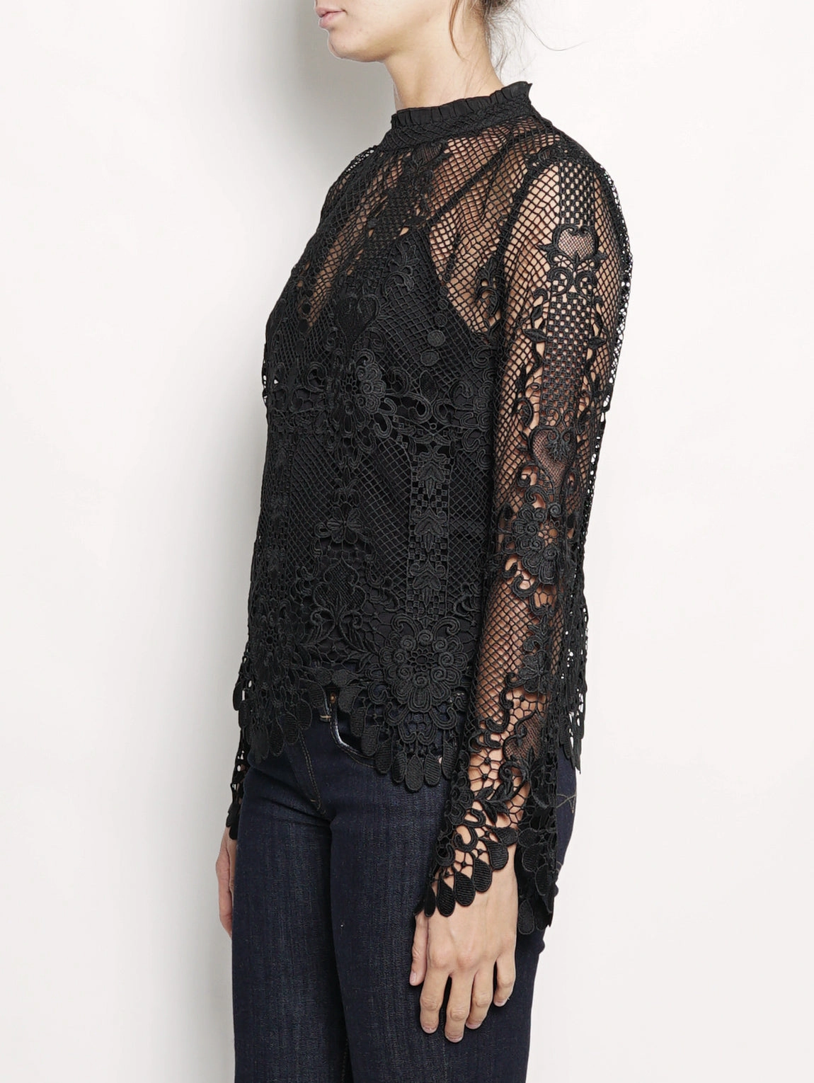 Blouse with Crew Neck in Black Lace