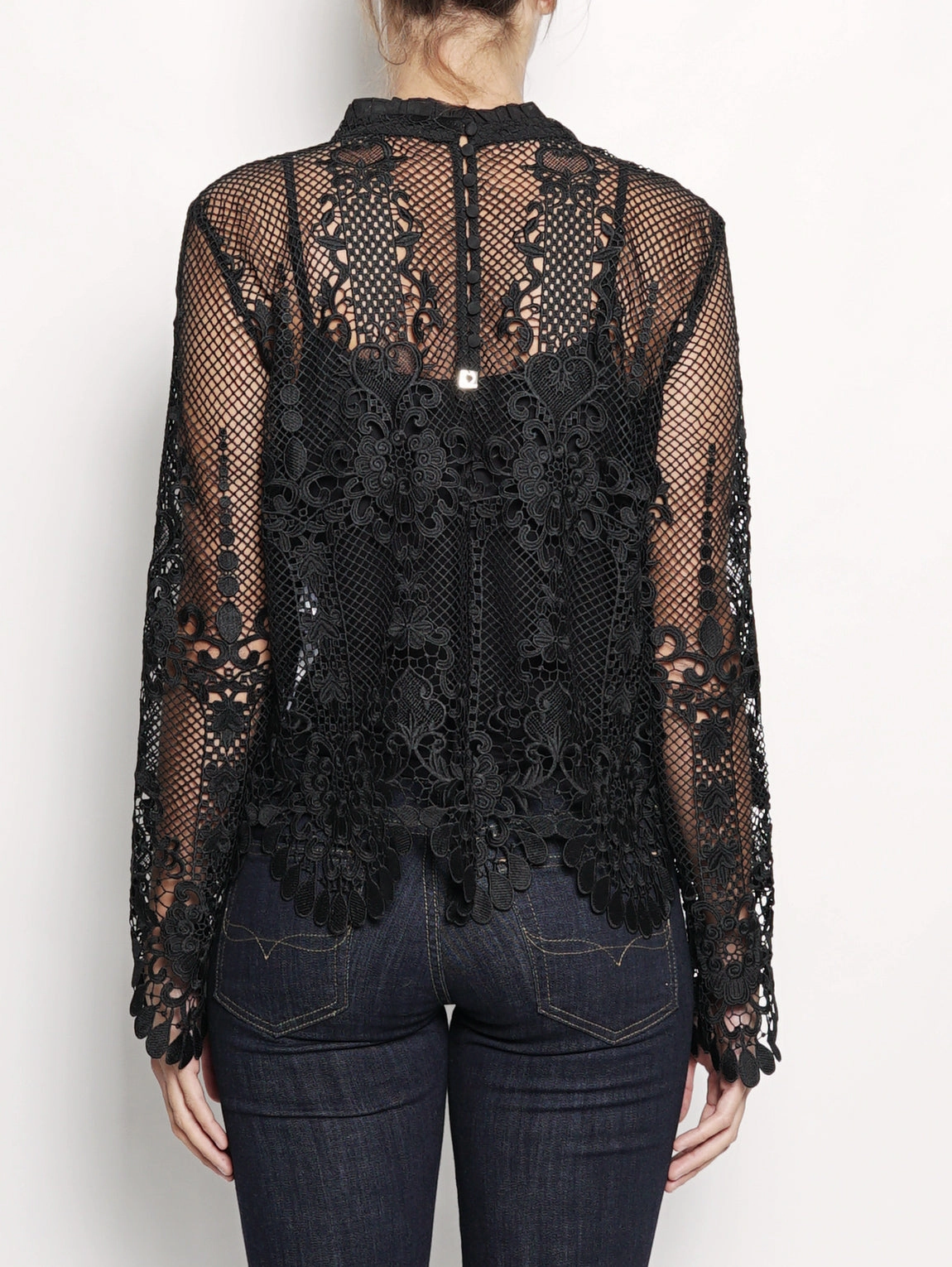 Blouse with Crew Neck in Black Lace
